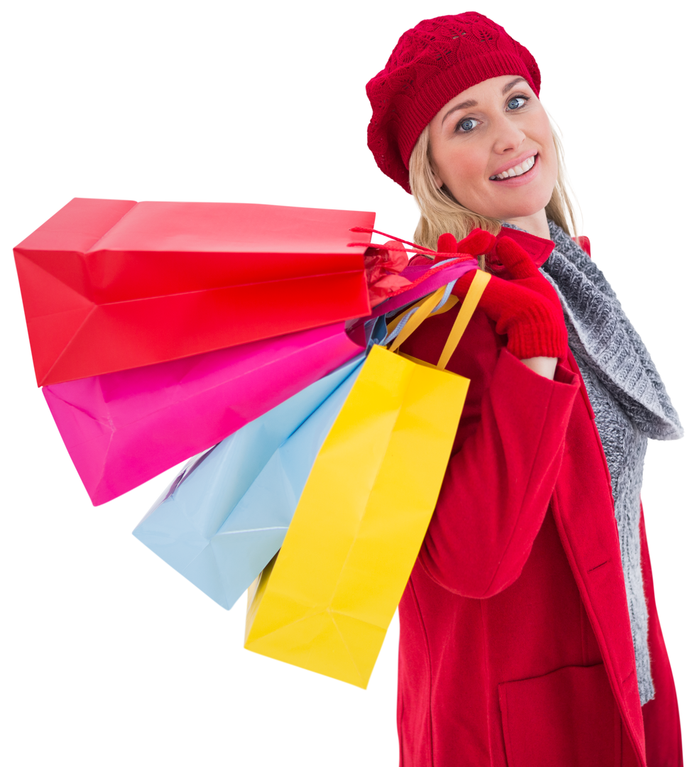 Transparent Blonde Woman in Winter Clothes Holding Shopping Bags with Bright Smile - Download Free Stock Images Pikwizard.com