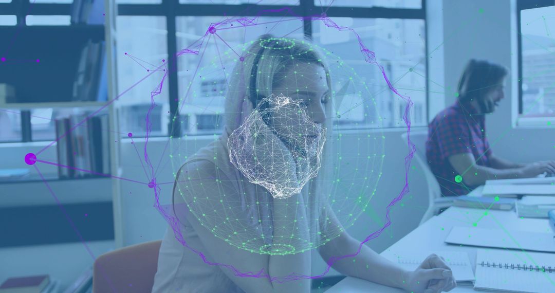 Businesswoman Talking on Smartphone at Desk with Futuristic Holographic Data Overlay