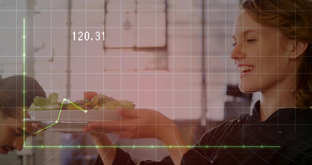 Chef Presenting Fresh Salad with Digital Overlay in Modern Kitchen