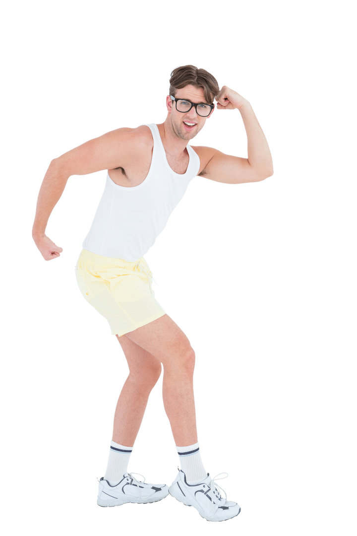 Playful Nerd in Sportswear Humorous and Transparent Pose