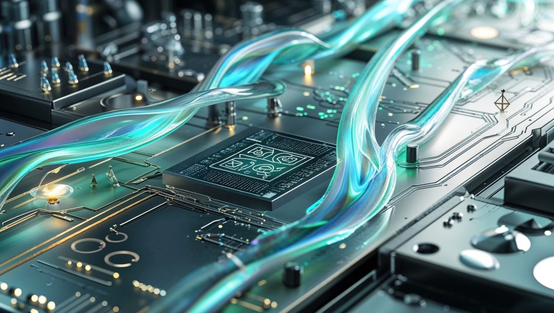 Futuristic Circuit Board Featuring Glowing Nano Chip and Fluid Conduits