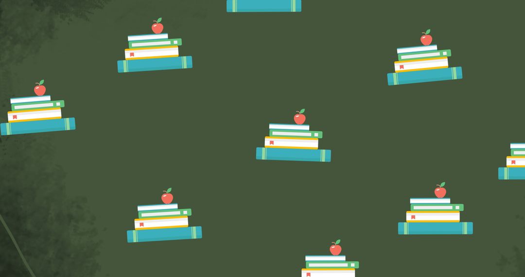 Seamless Pattern with Book Stacks and Apples on Green Background