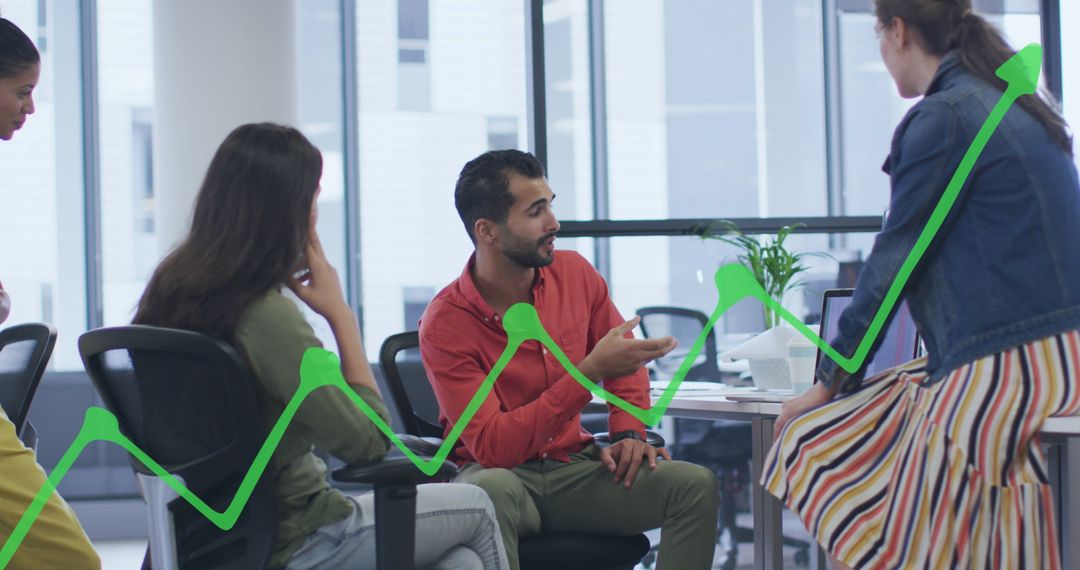 Diverse Coworkers Collaborating in Modern Office with Graph Overlay