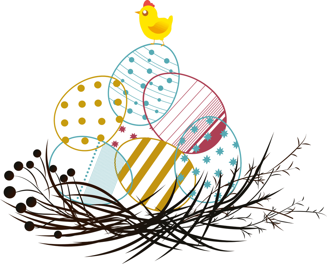 Colorful Easter Eggs Piled with Cute Chick on Transparent Background