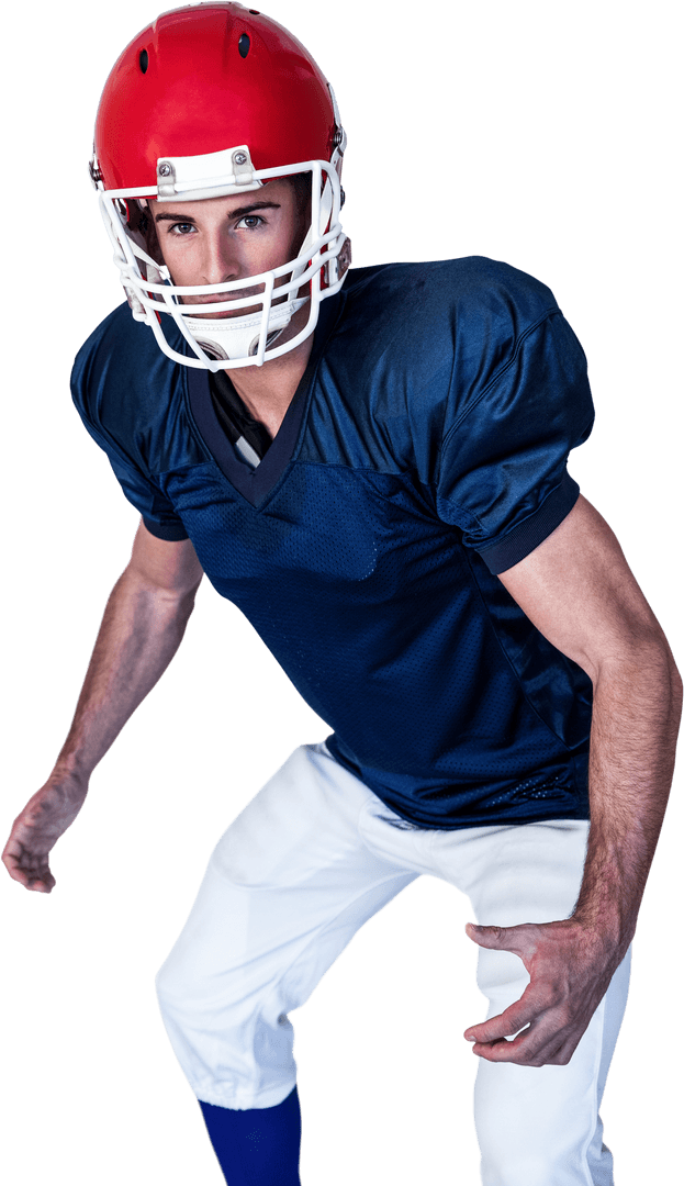 Focused American Football Player in Blue Jersey and Red Helmet Transparent Background