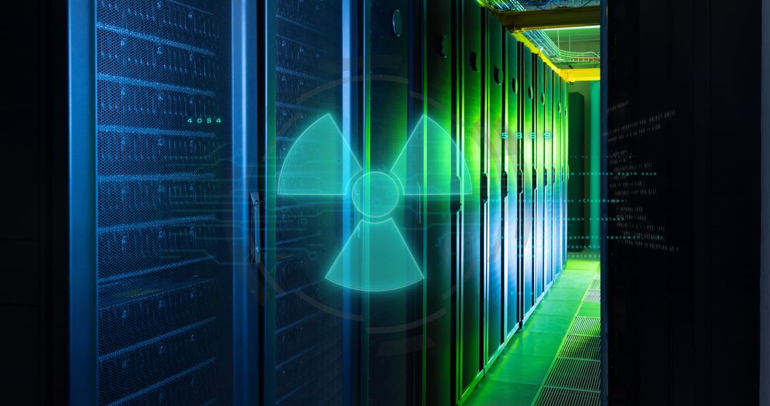 Nuclear Symbol Over Digital Software on Data Servers Illustrating Security Risks