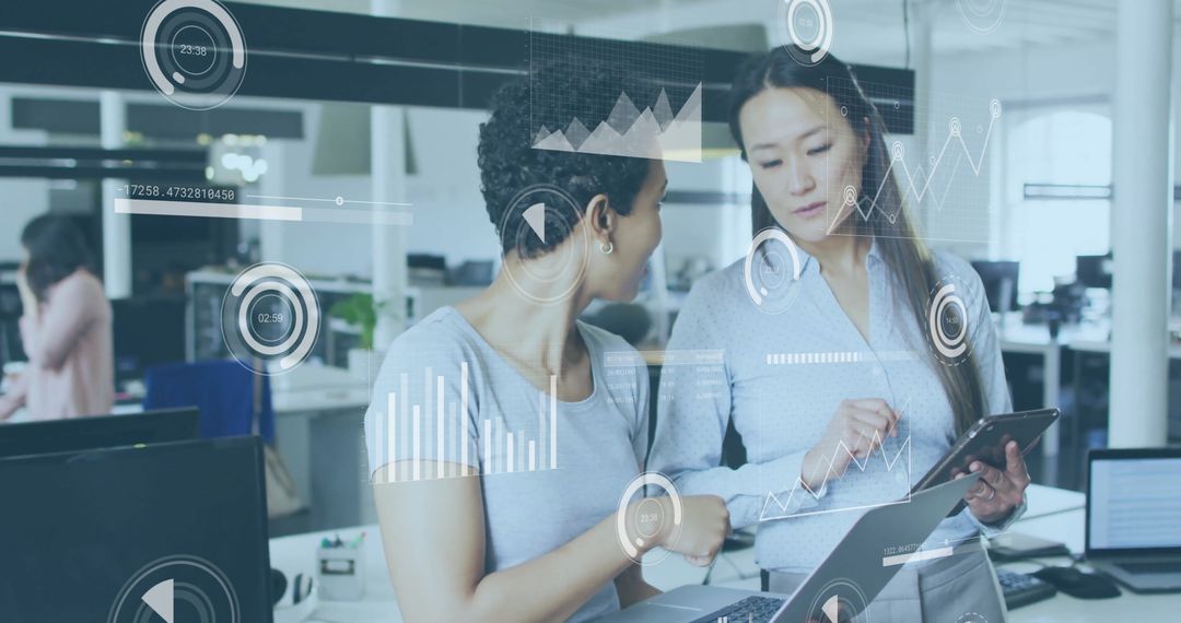Women Collaborating in Office with Data Analytics Overlay