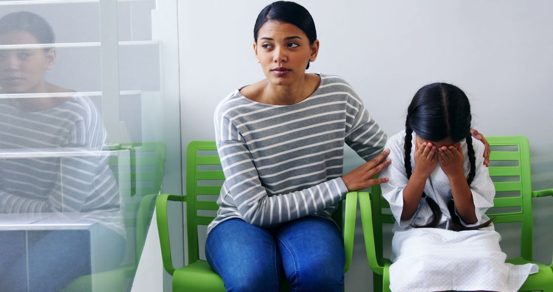 Concerned Woman Comforting Crying Child in Modern Waiting Area - Free Images, Stock Photos and Pictures on Pikwizard.com