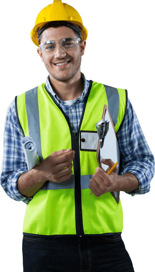 Happy Construction Worker on Transparent Background with Safety Gear