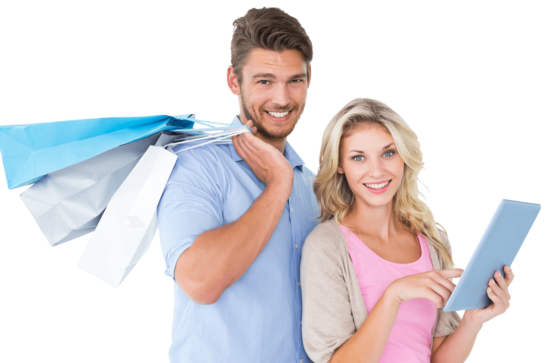 Young Couple Shopping with Bags Using Transparent Tablet