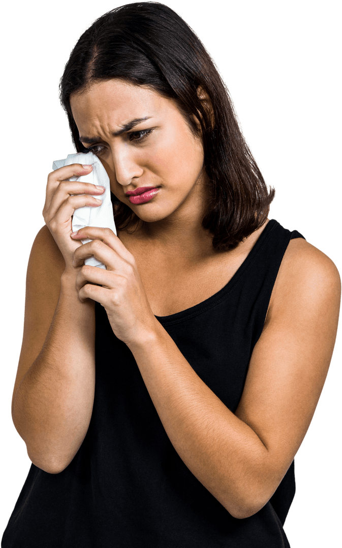 Transparent Background Depressed Woman Crying into Tissue