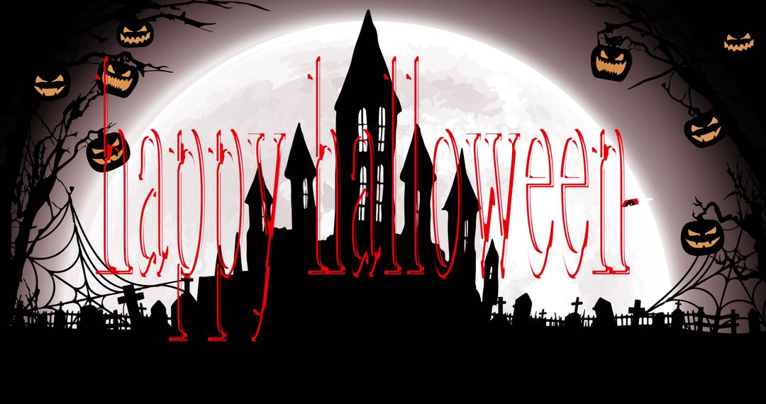 Spooky Haunted House Silhouette with Full Moon and Jack-o'-lanterns