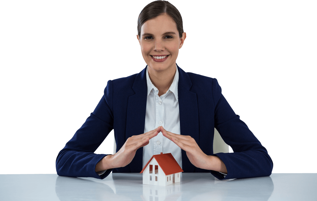 Businesswoman with Transparent Hands Protecting Model House Illustrating Security