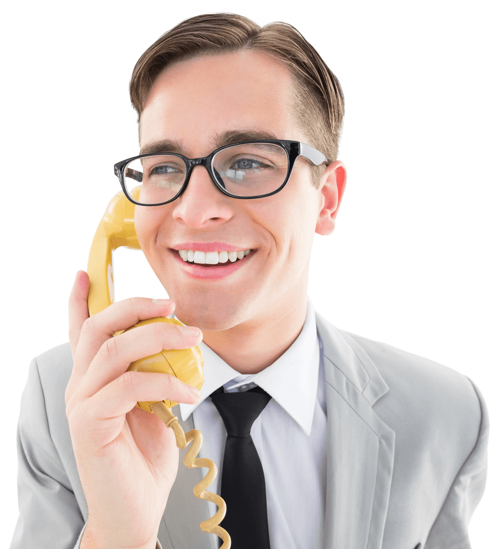 Happy Professional with Transparent Retro Phone