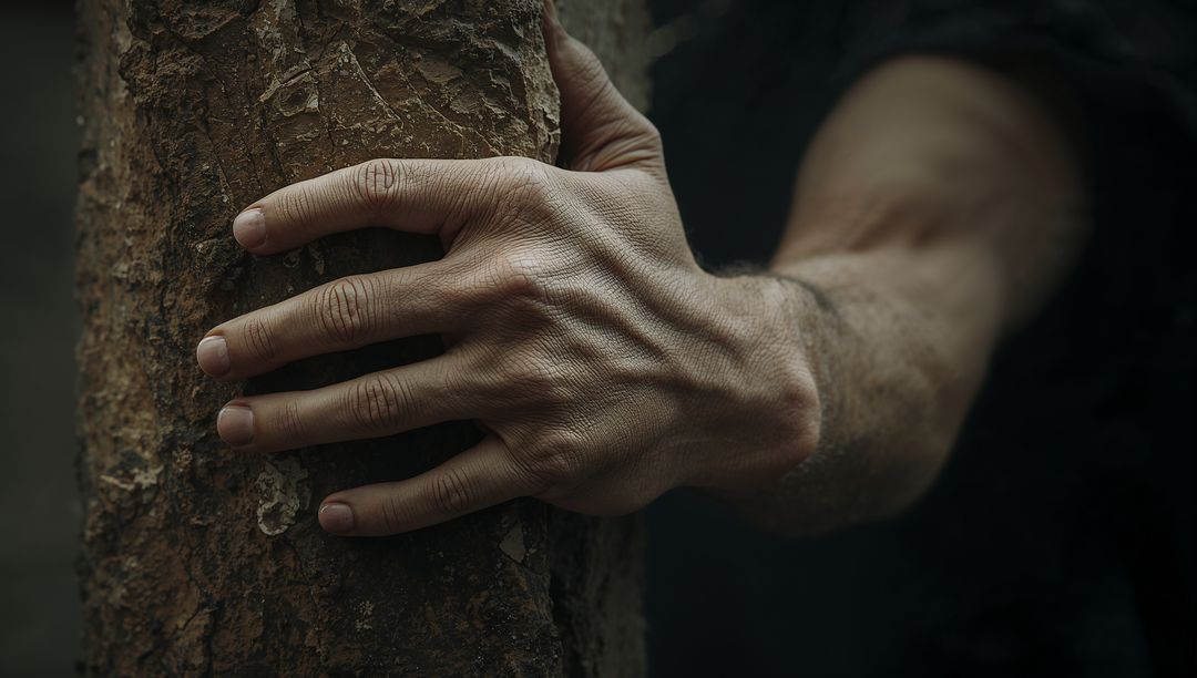 Gripping hand on tree trunk closeup, rugged forearm and veins, textured bark moody forest