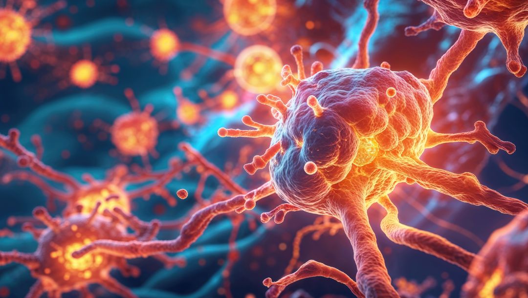 Microscopic Viral Particles with Blue Filaments in Abstract Concept