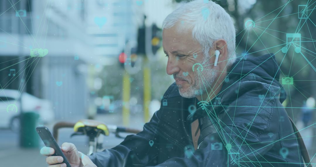 Senior Man Using Smartphone with Digital Network Overlay