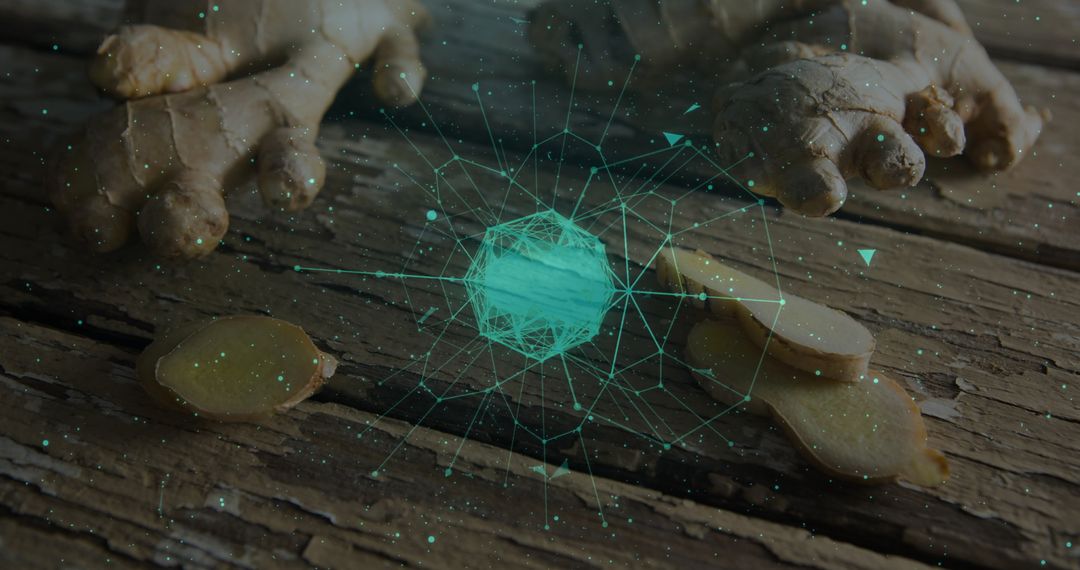 Futuristic Digital Sphere Hovering Over Ginger on Wooden Table