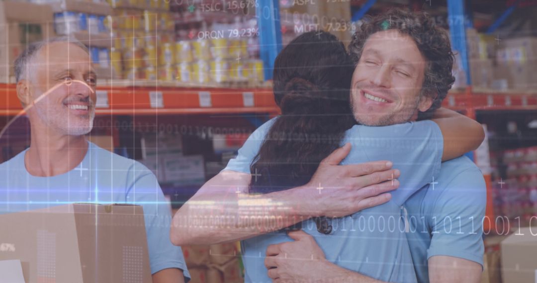 Diverse Volunteers Collaborating in Warehouse with Data Overlay