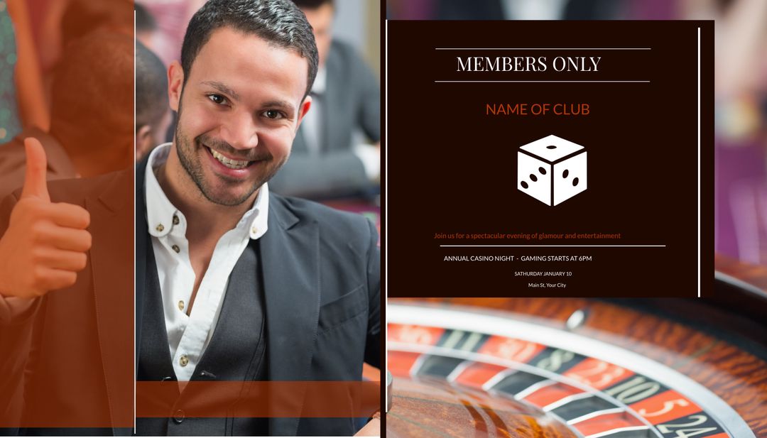 Exclusive Members Club Invitation with Confident Man and Gaming Theme