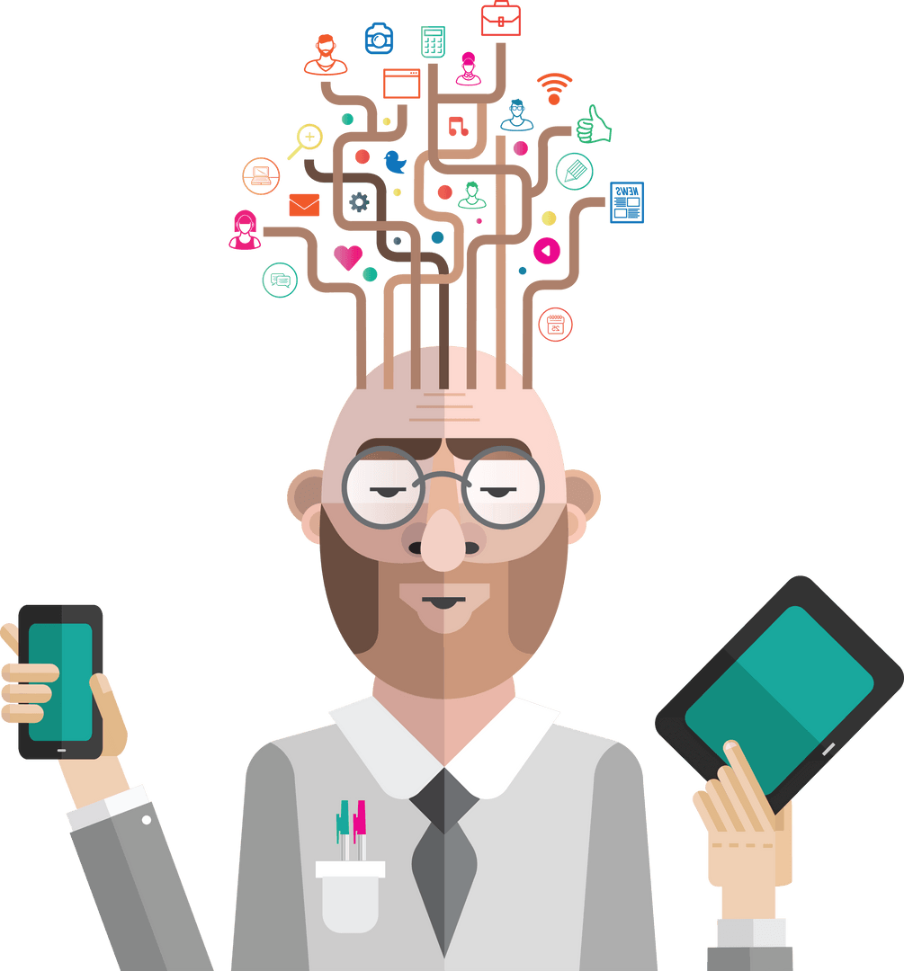 Man Managing Social Media Networks with Transparent Background