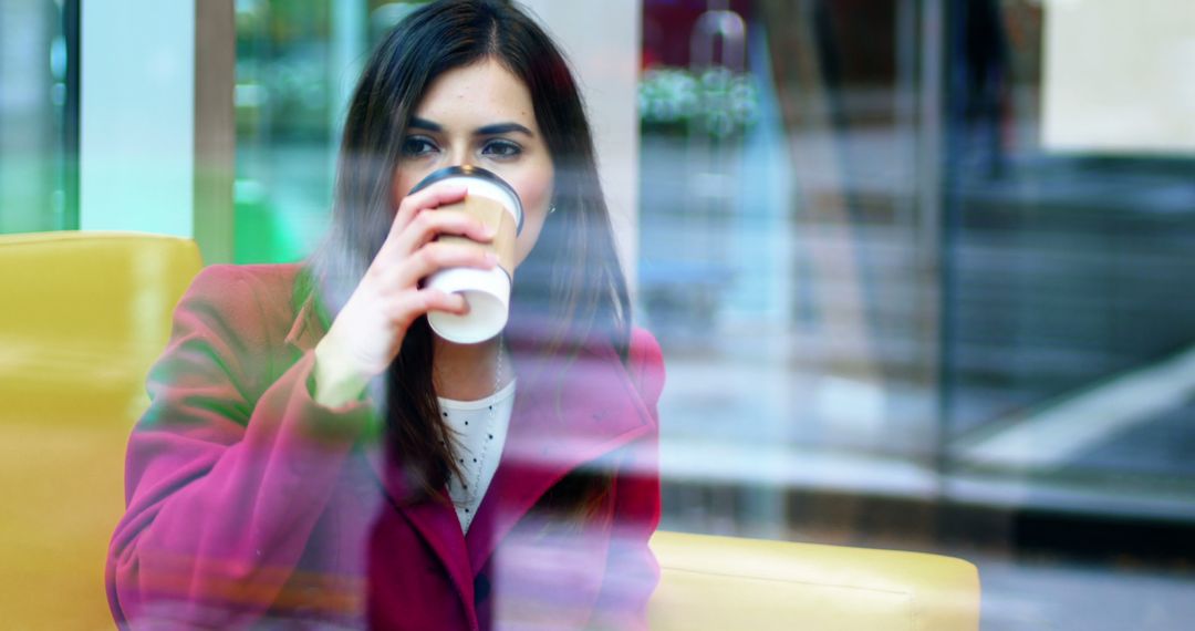 Woman Enjoying Coffee Through Cafe Window - Free Images, Stock Photos and Pictures on Pikwizard.com