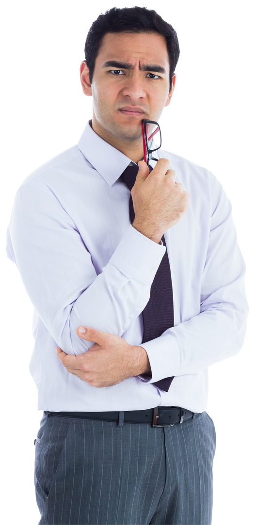 Confused Biracial Businessman Holding Glasses on Transparent Background - Download Free Stock Images Pikwizard.com