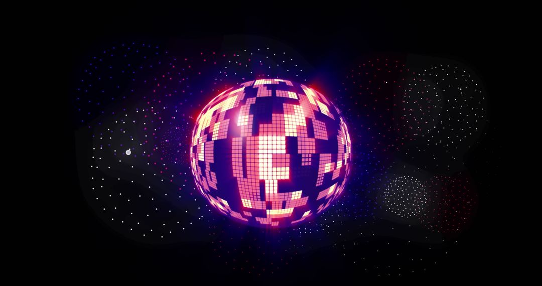 Glowing Digital Disco Ball with Fireworks in a Celebration Setting