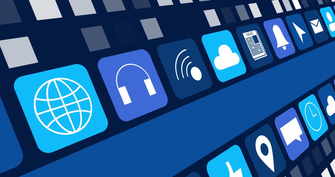 Digital Online Icons on a Moving Blue Gradient Background