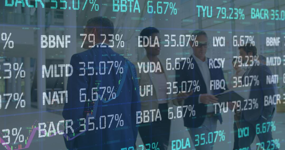 Business People Amidst Projected Financial Data Overlay