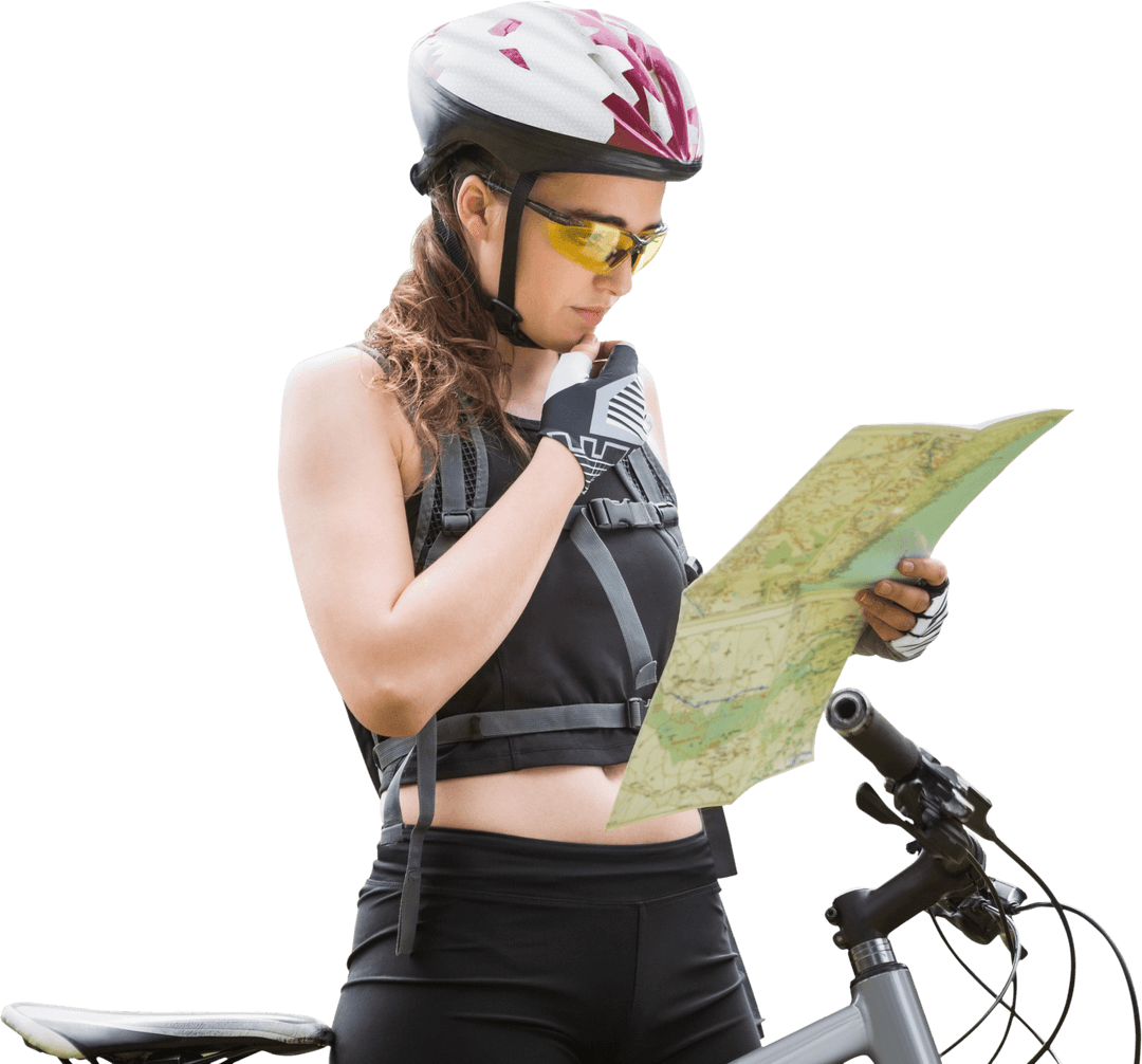 Female Cyclist Analyzing Map with Focused Expression in Transparent Background
