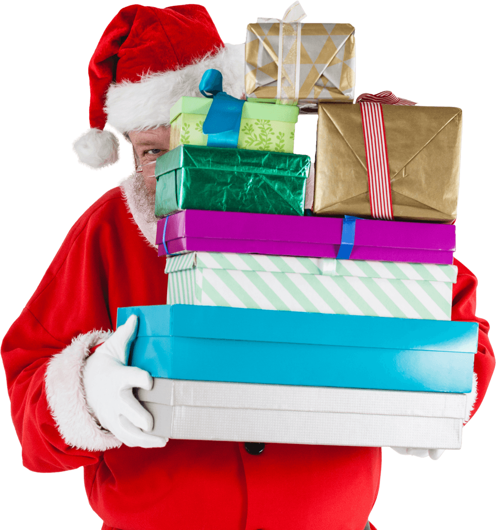 Transparent Santa Claus Behind Stack of Colorful Christmas Presents