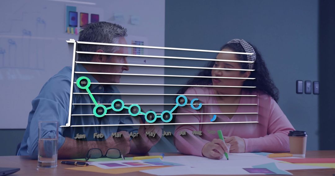 Team Collaborating on Project with Line Chart Overlay Analysis