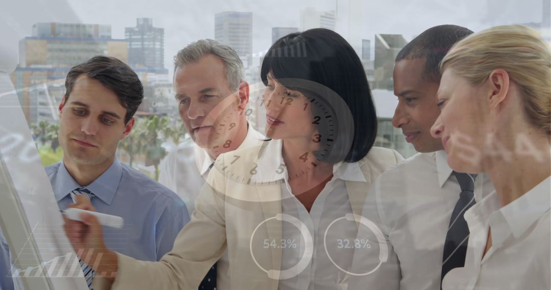 Diverse Business Team Brainstorming with Data Graphics Overlay