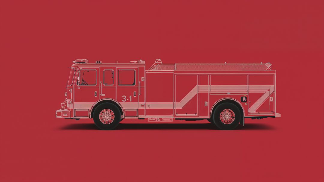 Minimalistic fire truck line art on red background