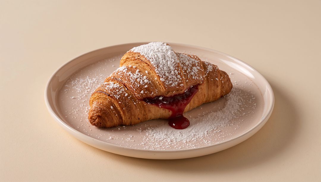 Buttery Flaky Croissant Oozing Raspberry Jam with Powdered Sugar on Beige Plate