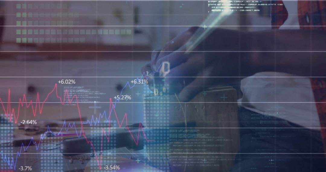 Man Holding VR Headset and Graphical Overlay in Home Office