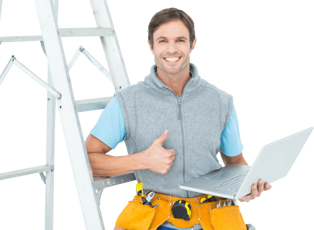 Smiling Repairman Giving Thumbs Up Holding Laptop with Transparent Background