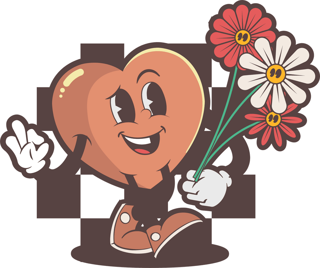 Transparent Heart Character Holding Smiling Flowers in Fun Gesture