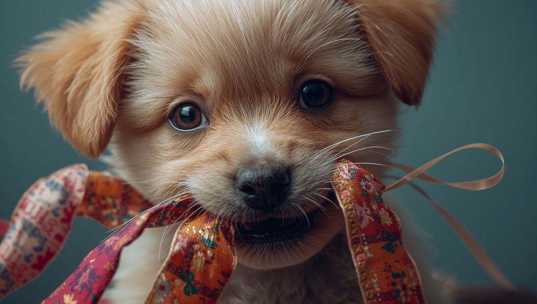 Adorable Puppy Playing with Colorful Ribbon, Studio Portrait