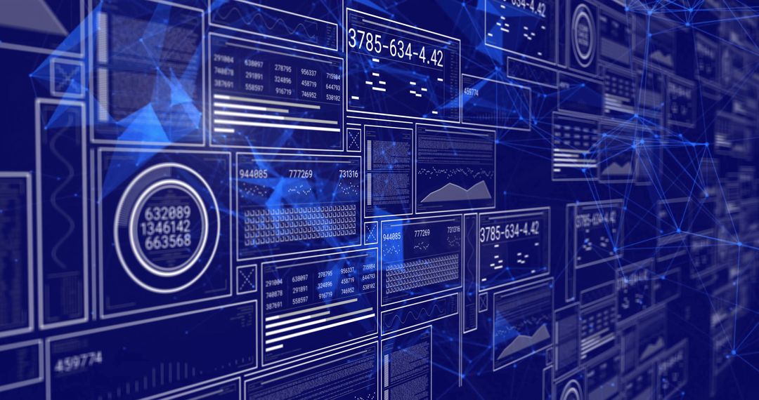 Futuristic Digital Analytics Interface with Data Panels and Charts