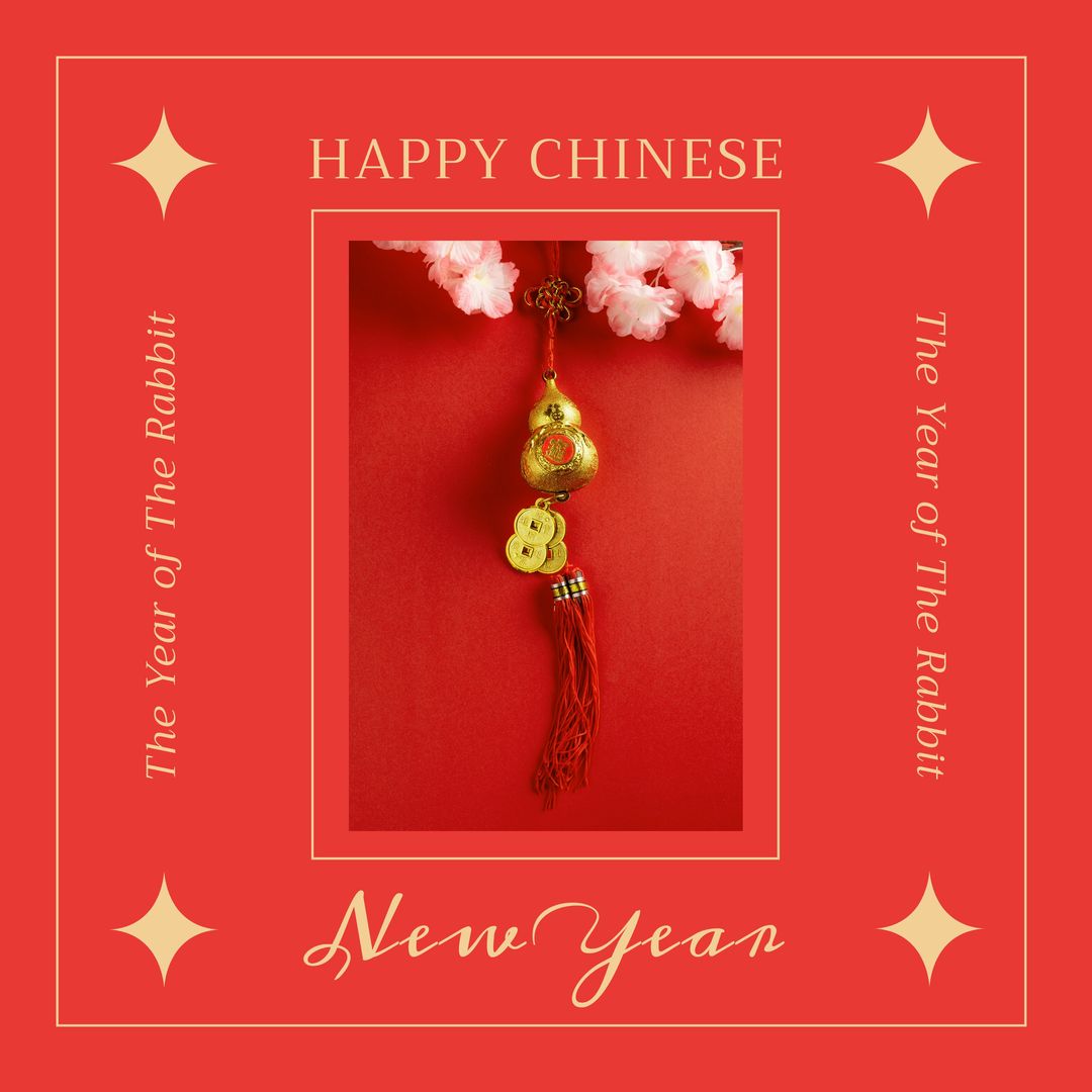 Happy Chinese New Year Greeting with Decorations on Red Background - Download Free Stock Templates Pikwizard.com
