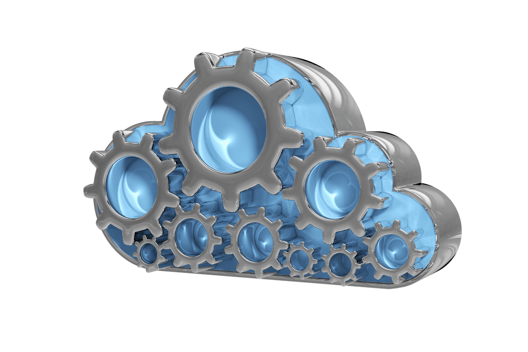 Digital Cloud Design with Cog Wheels on Transparent Background