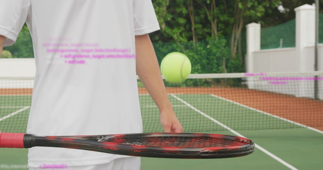 Tennis player holding racket with ball near net on outdoor court capturing motion