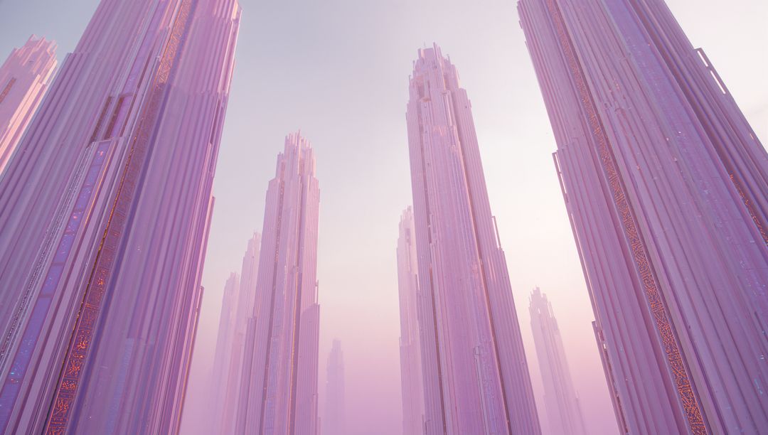 Futuristic Cityscape with Pastel Skyscrapers Floating in Hazy Light