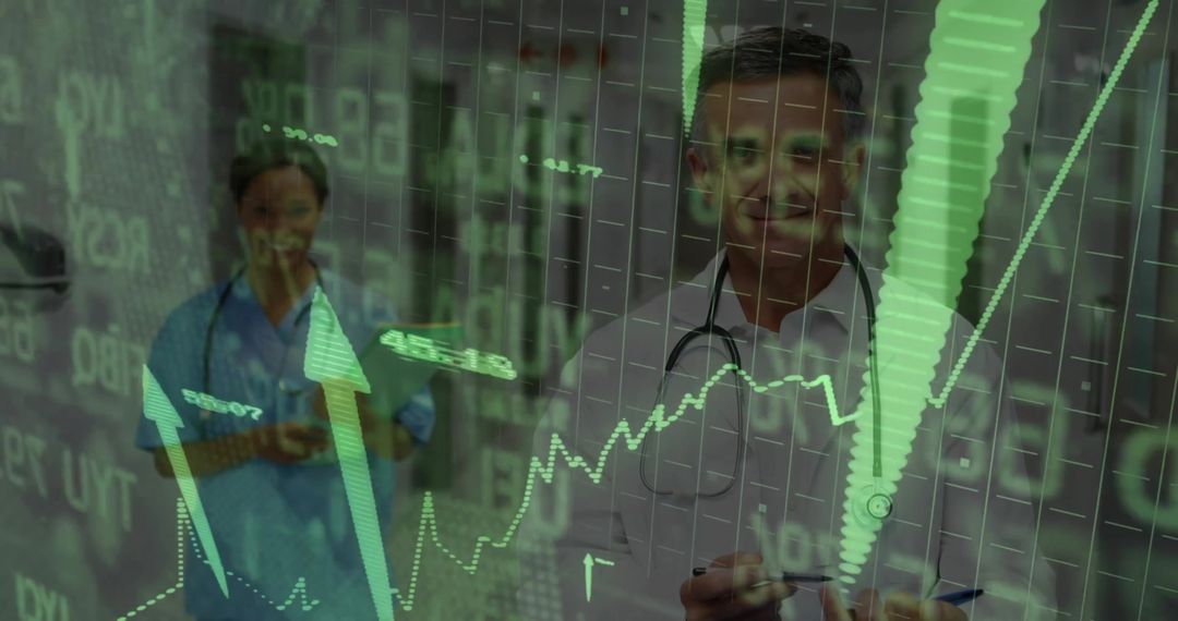 Doctors Analyzing Healthcare Data with Technology Overlay