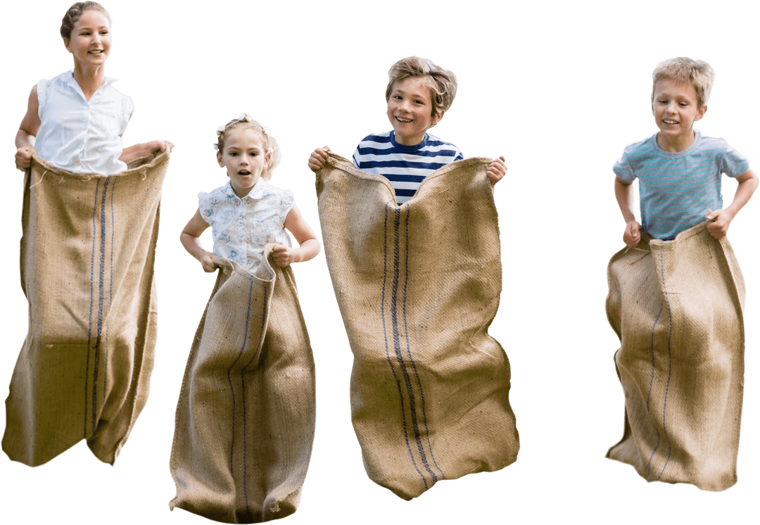 Transparent Background Kids Enjoying Sack Race Outdoors