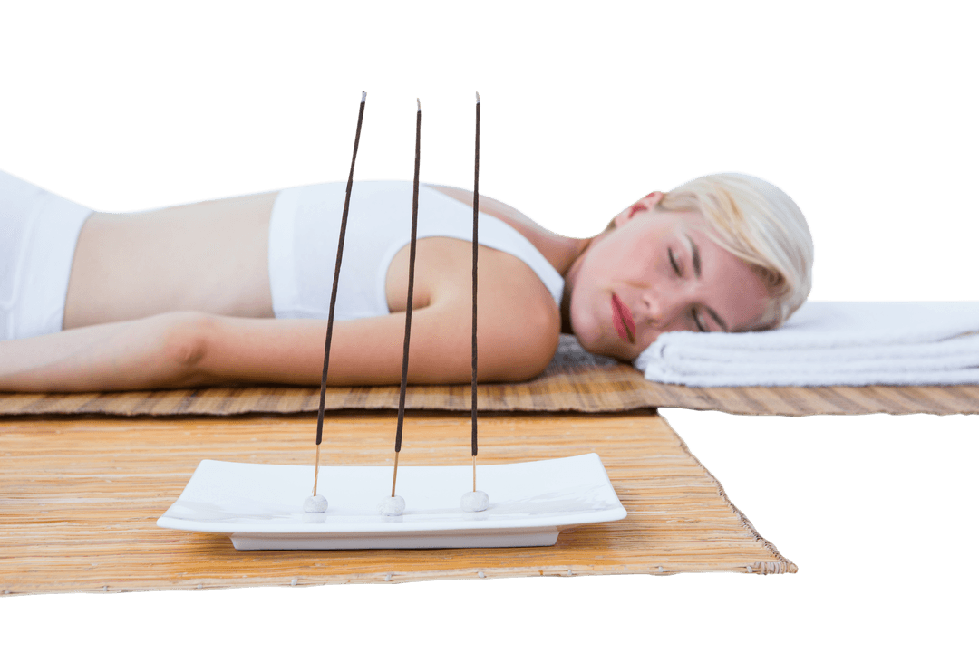 Transparent Background of Blonde Sleeping on Bamboo Mat with Incense Sticks