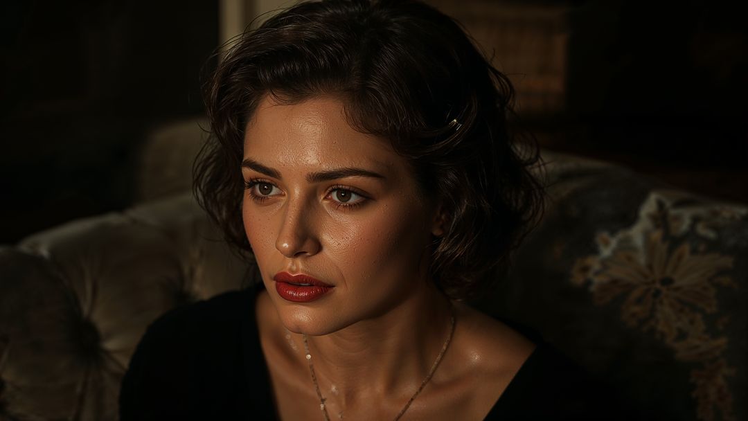 Elegant beautiful lady relaxing on cozy sofa with warm lighting