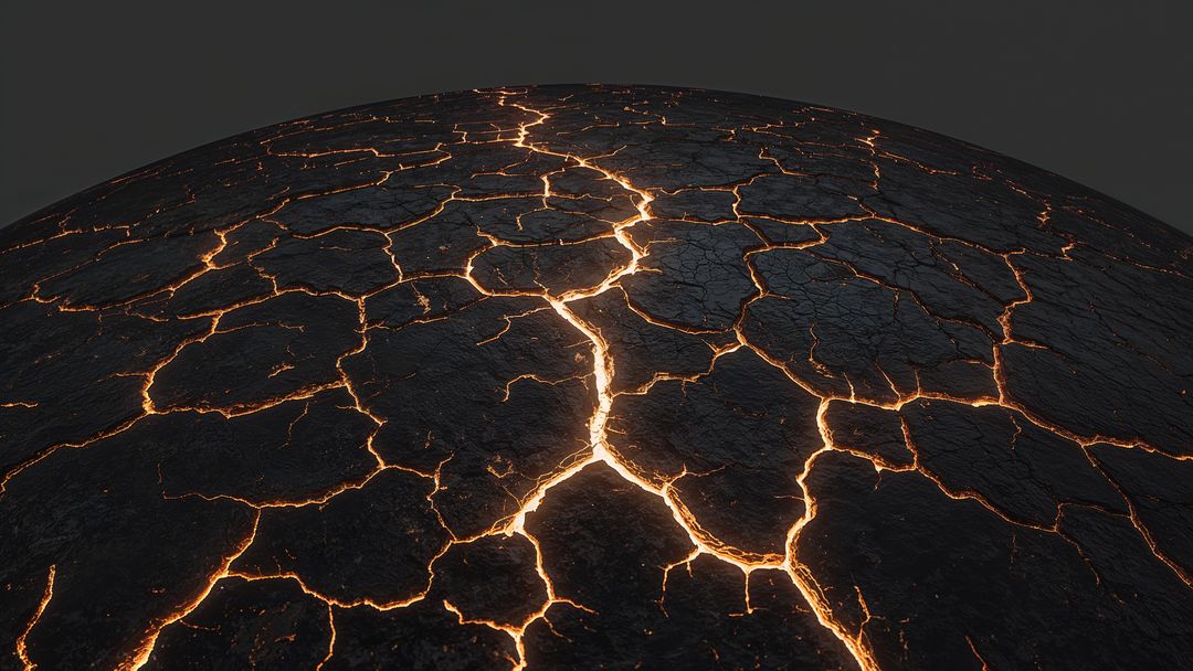 Curved crust with glowing earthquake fissures in dark void